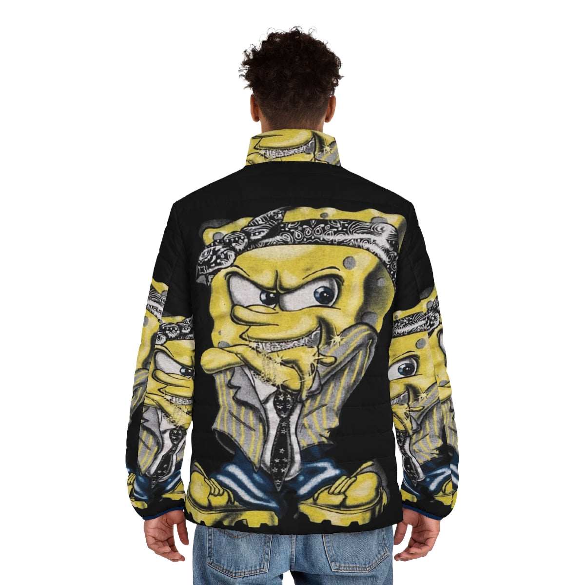 Gangster Spongebob design on an oversized puffer jacket - men back