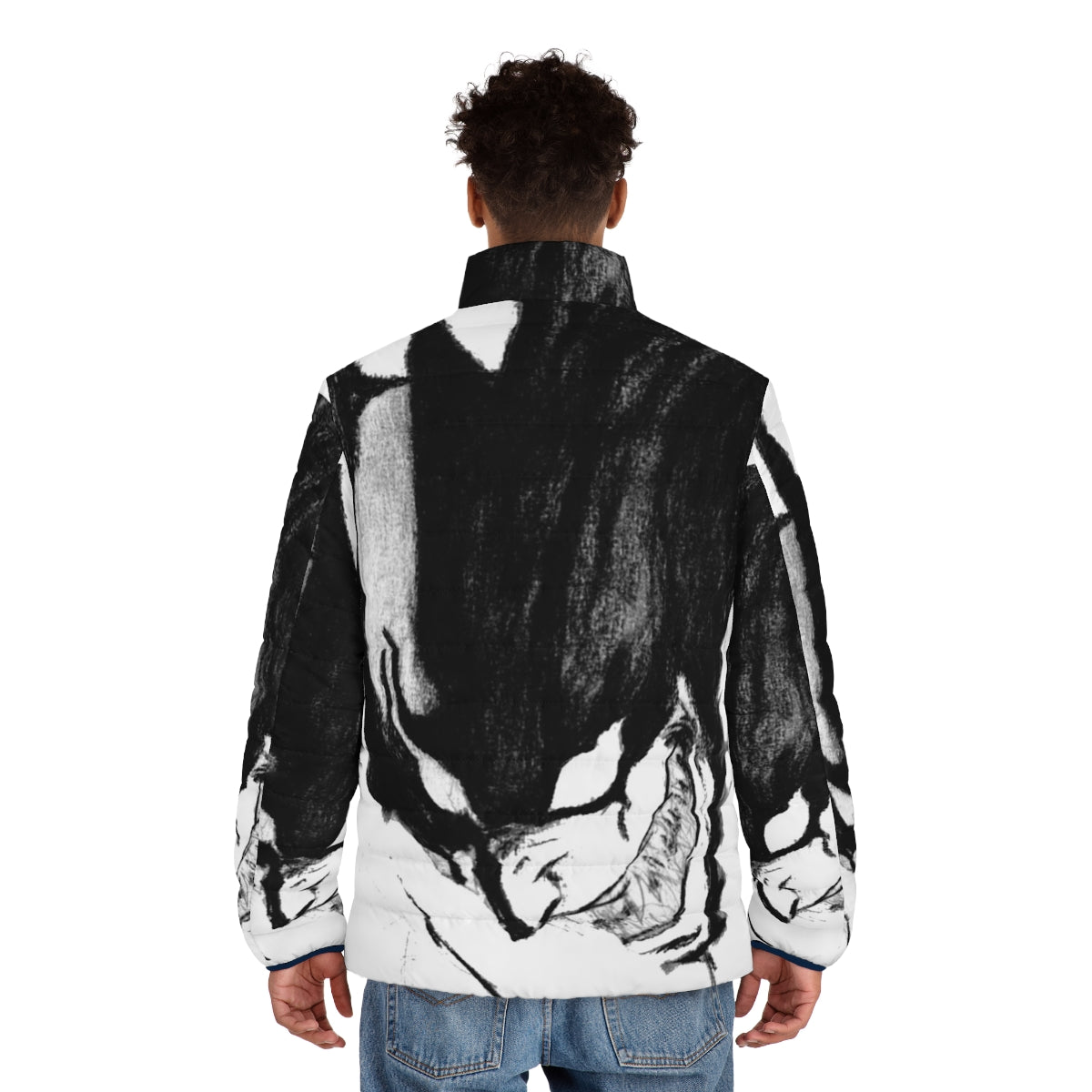 Devilman Crybaby anime-inspired puffer jacket with black and white superhero design - men back