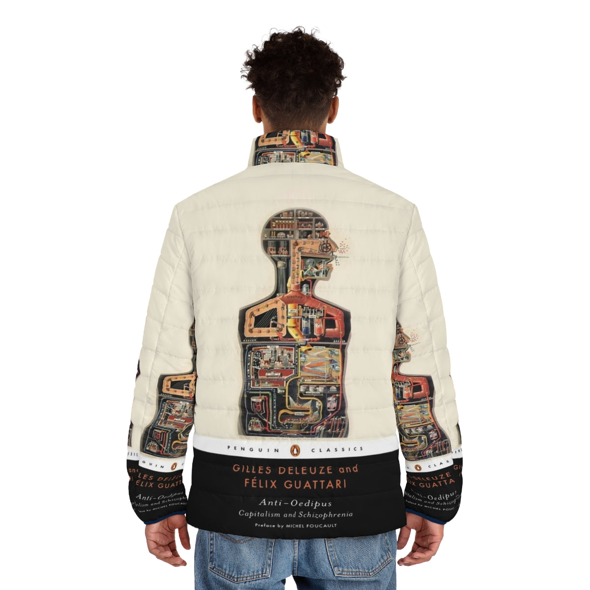 Anti-Oedipus Puffer Jacket featuring the iconic book cover design - men back