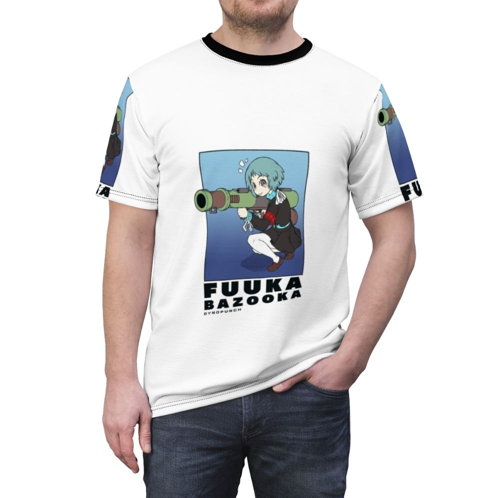 Persona-inspired t-shirt featuring Fuuka Yamagishi and her bazooka - men front