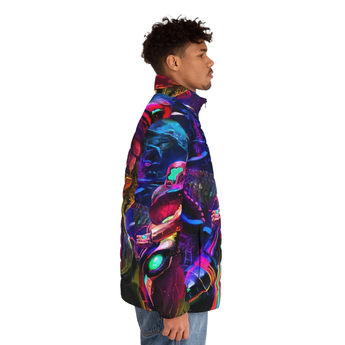 Samus Aran inspired Metroid puffer jacket featuring retro video game design - men side right