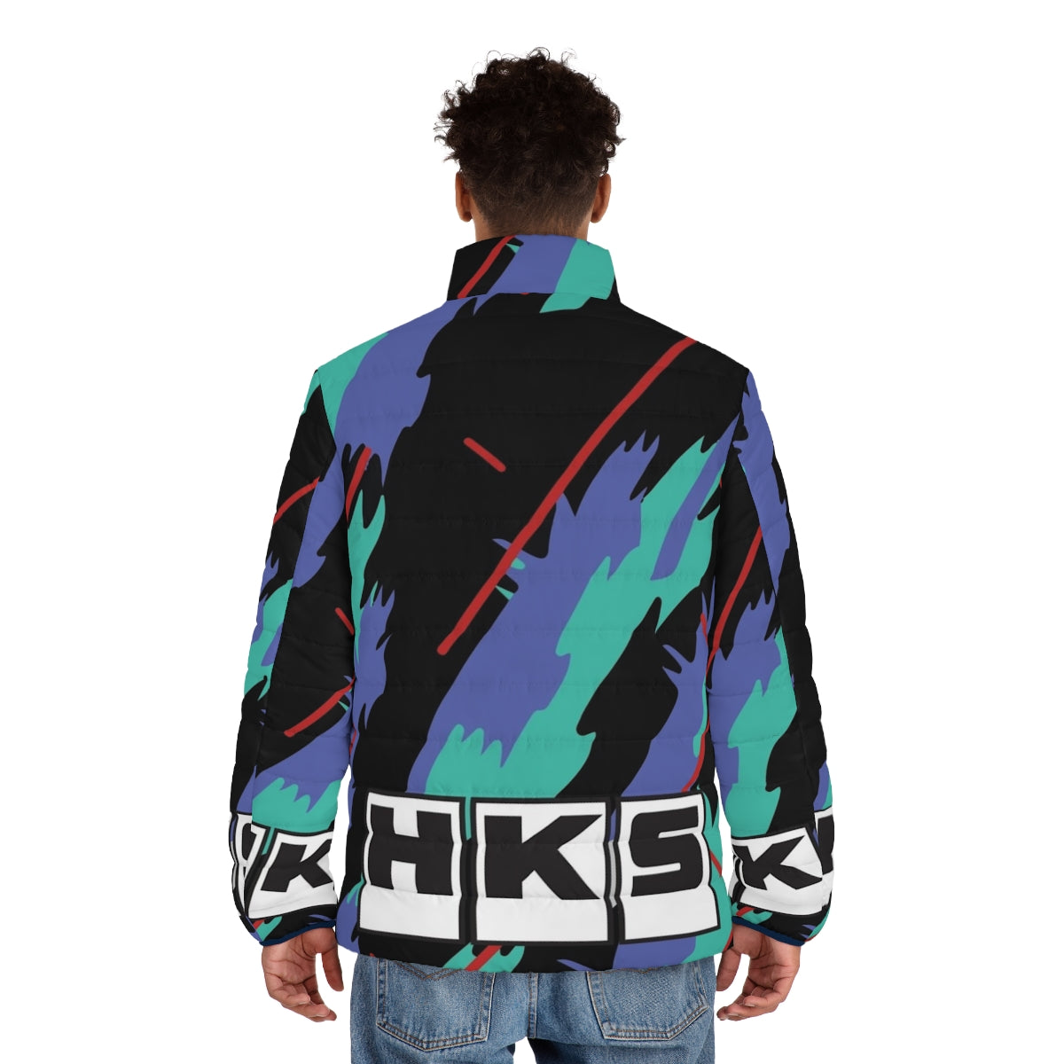 HKS Retro Pattern Puffer Jacket with JDM and Drifting Inspired Design - men back