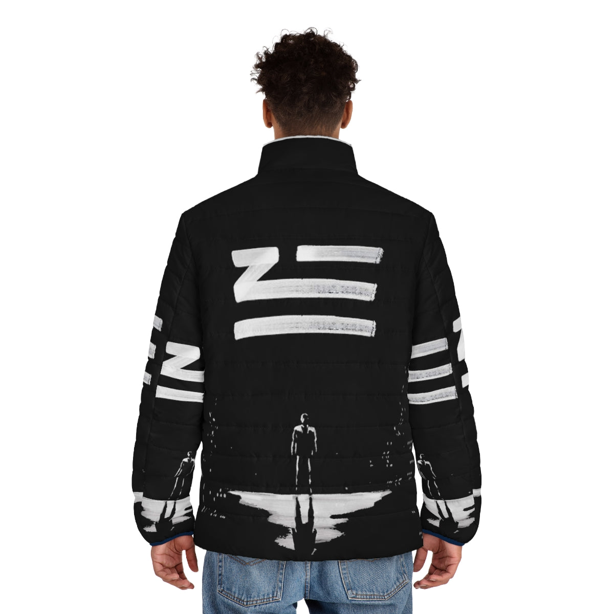 Zhu puffer jacket with electronic music and urban design elements - men back