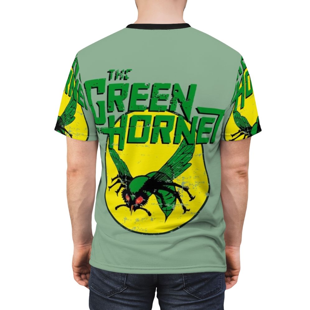 Retro-styled t-shirt featuring the Green Hornet, a 1960s television superhero character. - men back