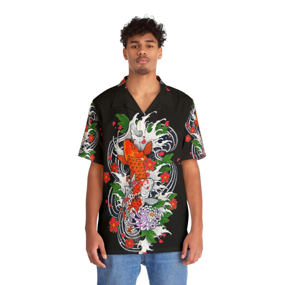 Koi fish Hawaiian shirt with Oriental floral design - People Front