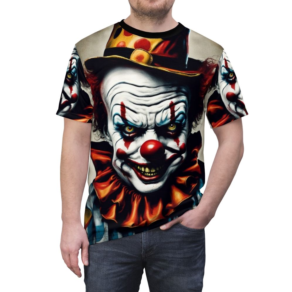 Terrifying clown face with eerie grin on t-shirt - men front