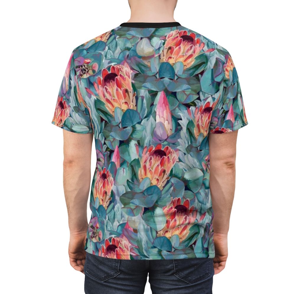 Protea flower t-shirt with vibrant watercolor-style floral print - men back