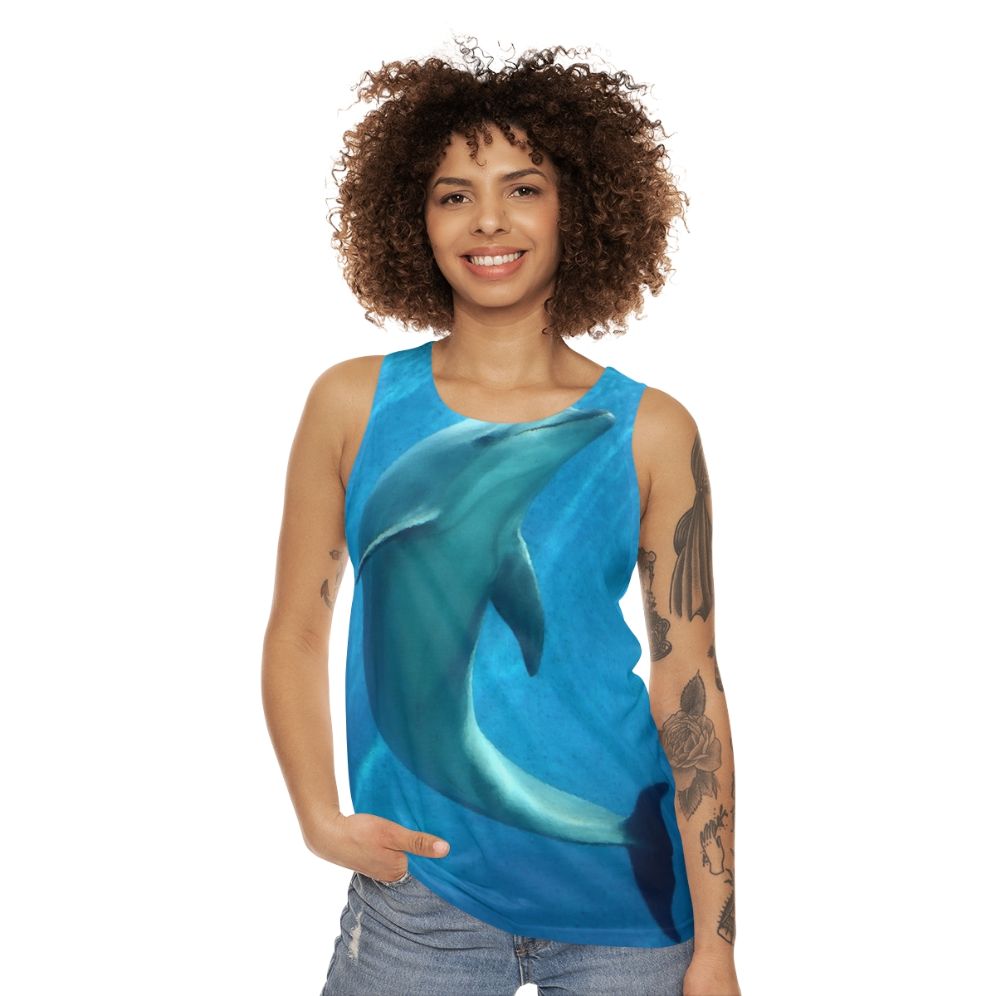 Dolphin unisex tank top with vibrant colors and nature-inspired design - women