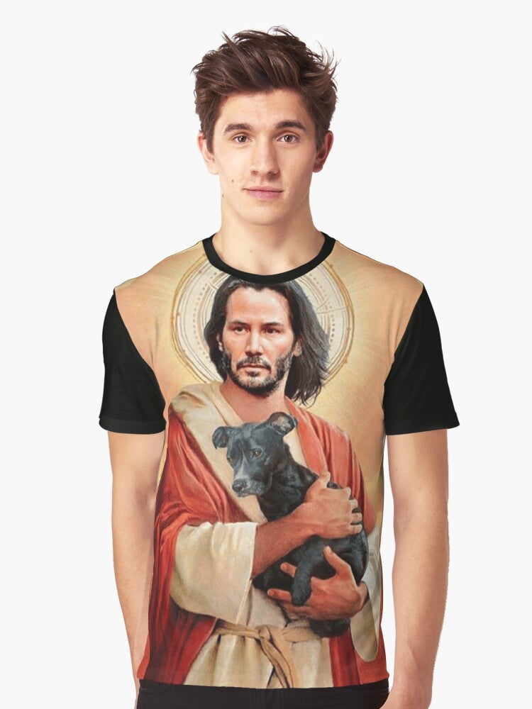 A graphic t-shirt featuring Keanu Reeves as Jesus Christ with a dog. - Men