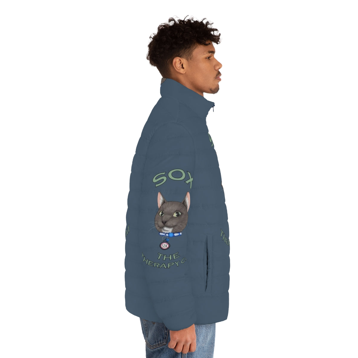 Cute cartoon cat in a puffer jacket, digital art illustration - men side right