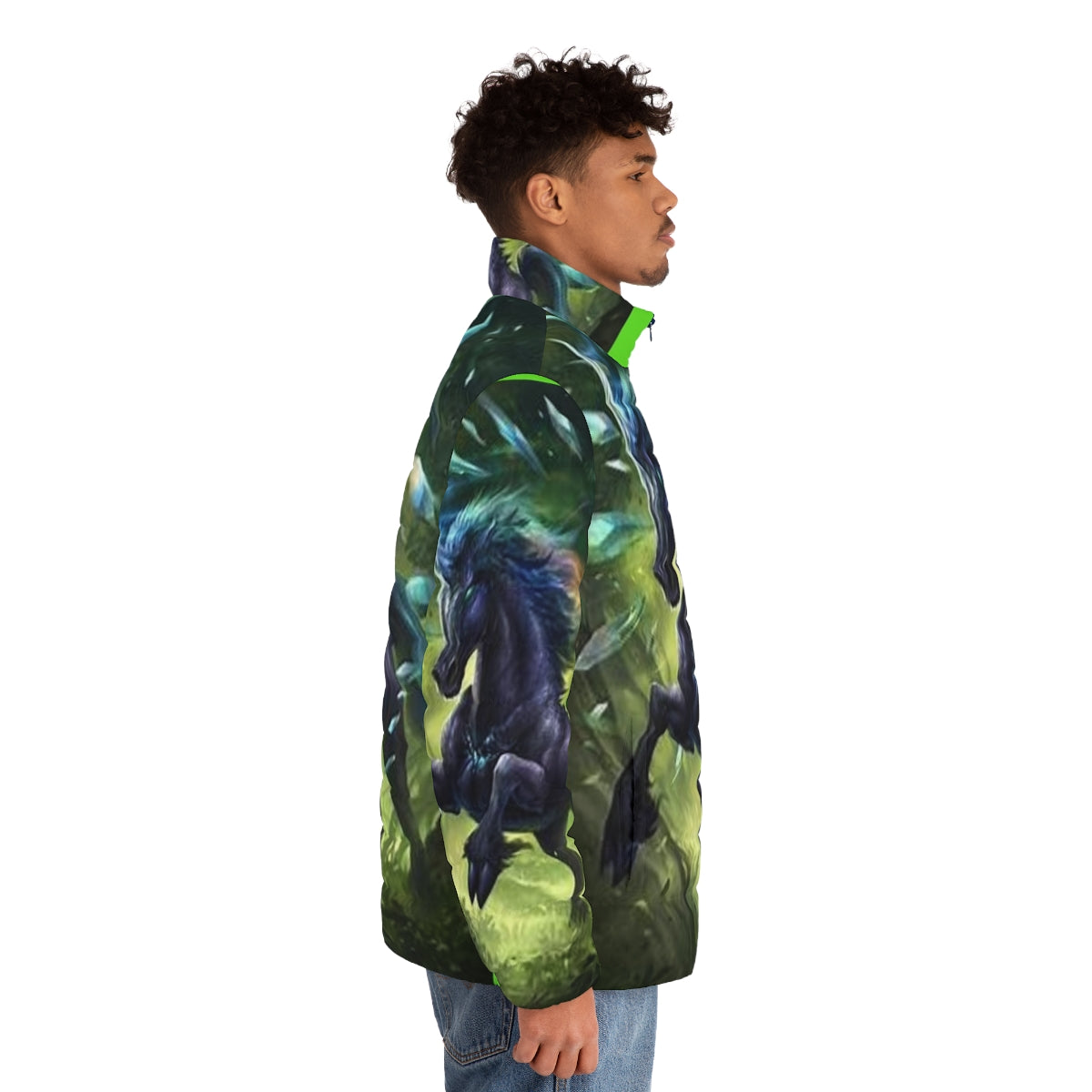 A black unicorn puffer jacket featuring a fantasy animal design - men side right