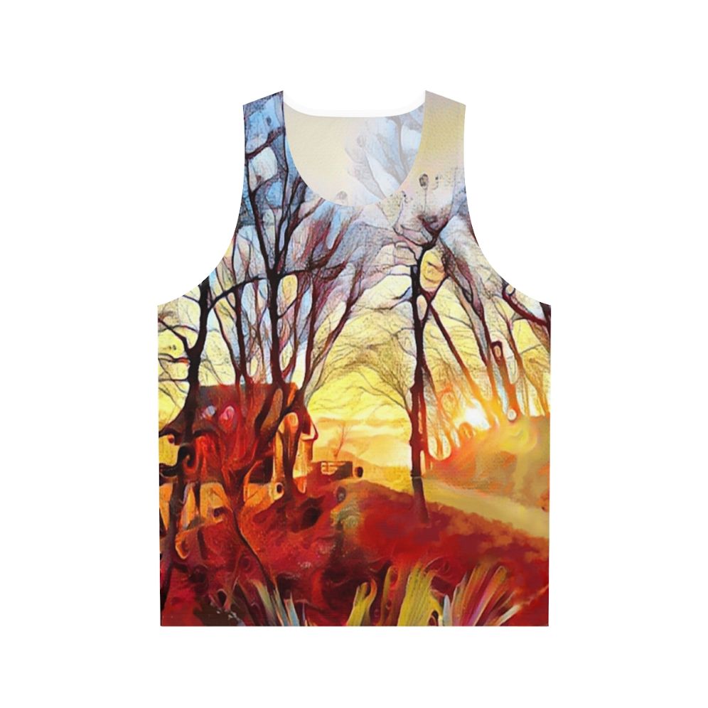 Unisex tank top with a serene mountain landscape and sunrise over trees design