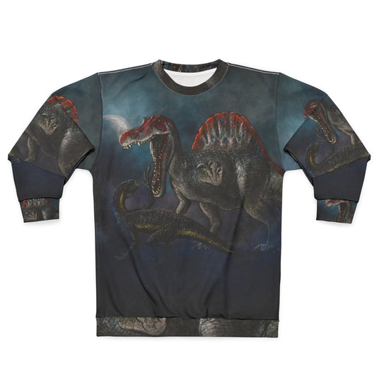 Spinosaurus vs Indominus Rex dinosaur battle graphic on a sweatshirt