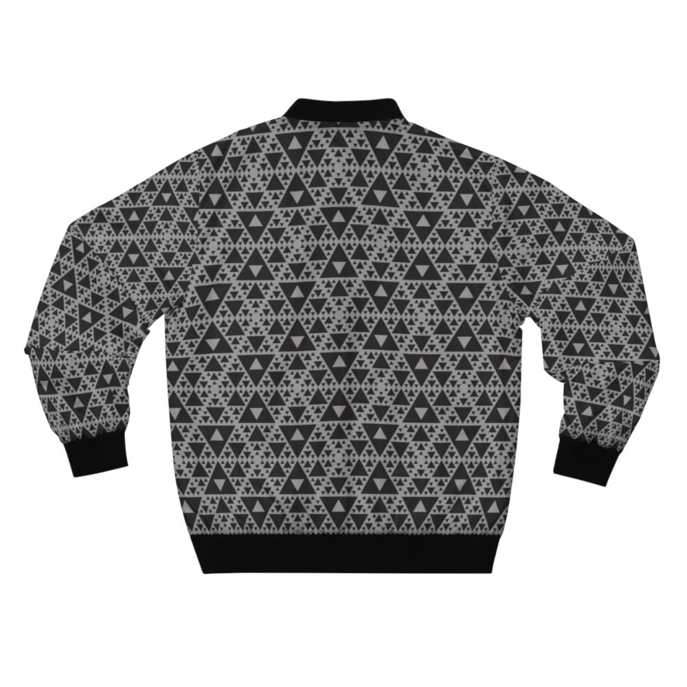 Dark-colored bomber jacket with a repeating triangle pattern, inspired by motion capture technology and Sierpinski triangles. - Back