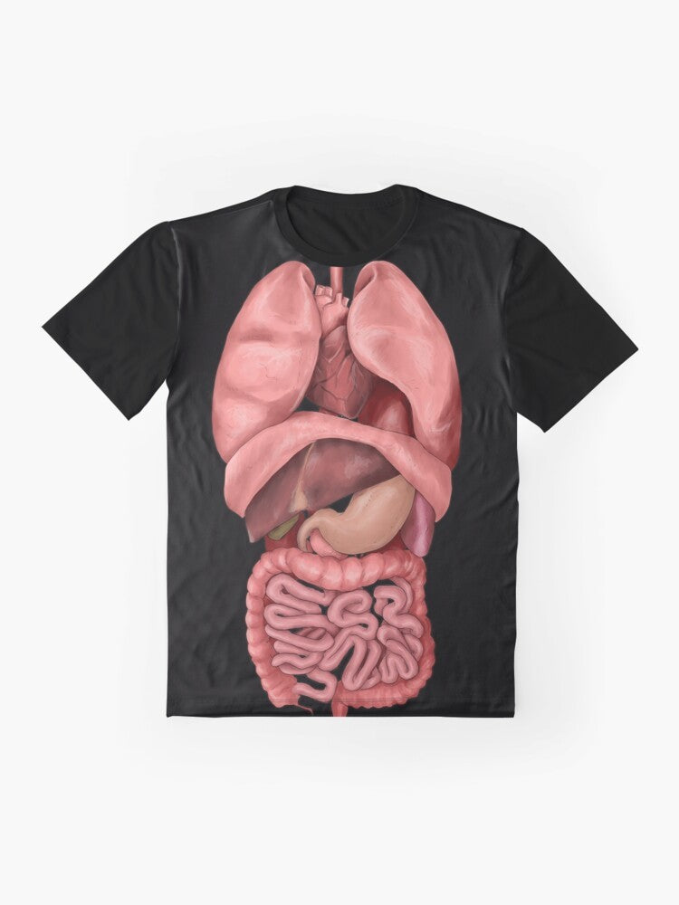 Graphic t-shirt featuring a watercolor-style illustration of the human internal organs, including the heart, lungs, digestive system, and lymphatic system. - Flat lay