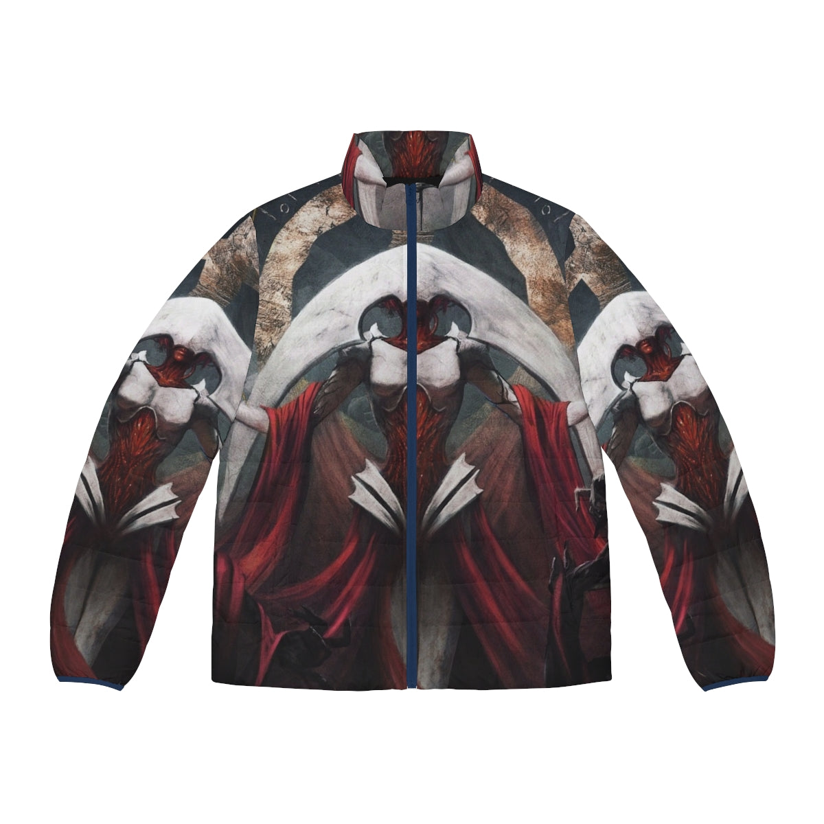 Elesh Norn inspired fantasy puffer jacket with red landscape design