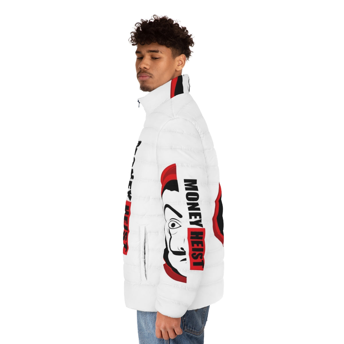 Money Heist Puffer Jacket featuring iconic characters and logo - men side left