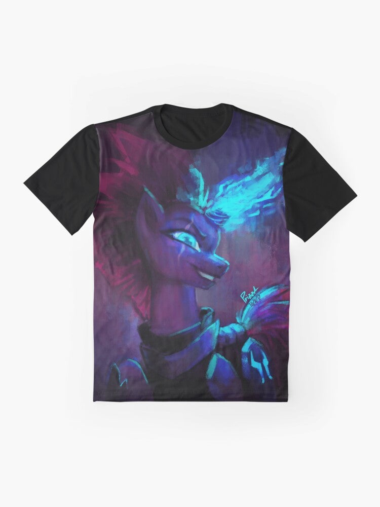 Tempest Shadow, a unicorn from the My Little Pony movie, featured on a graphic t-shirt. - Flat lay