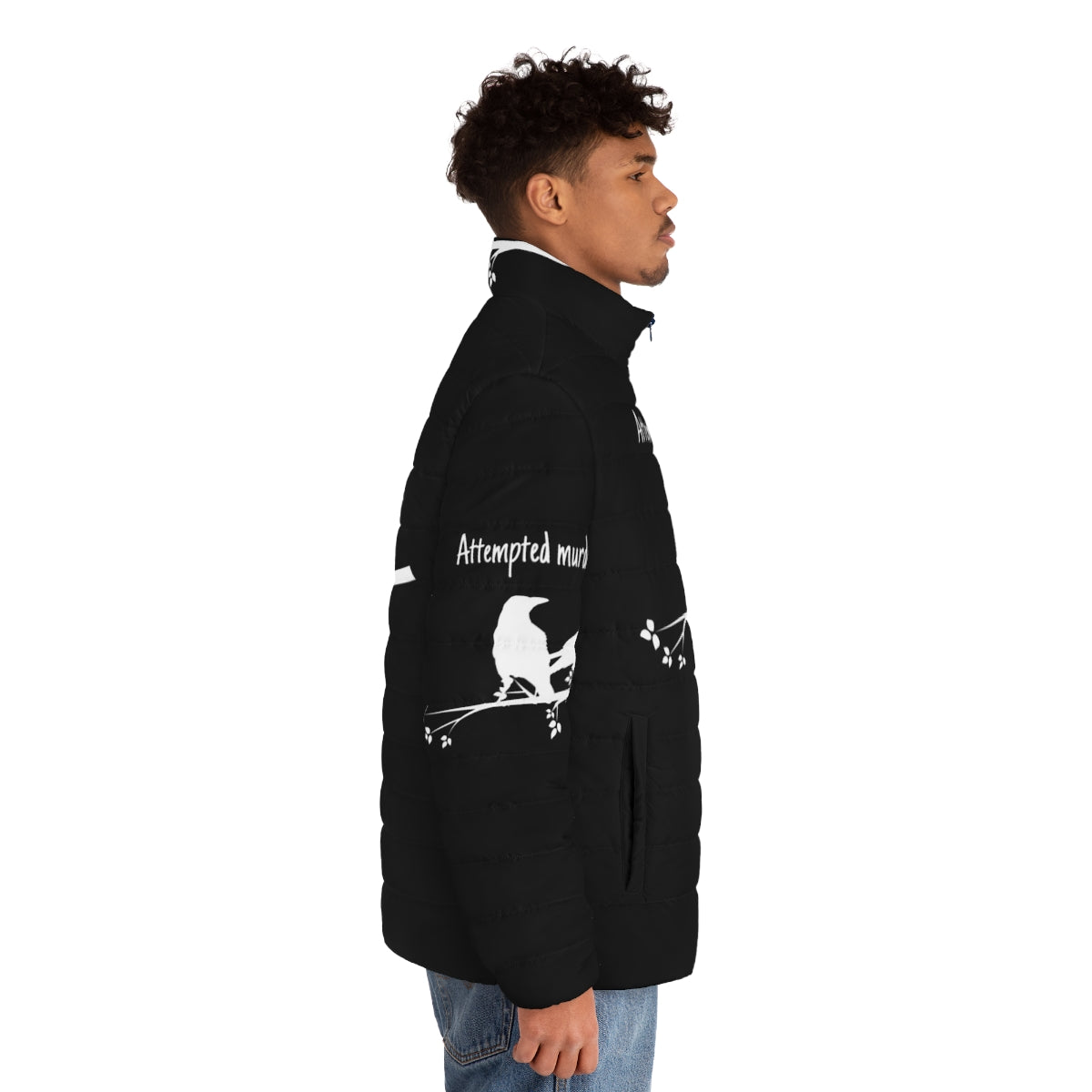 Jezkemp's Attempted Murder Puffer Jacket - Funny Crow and Animal Meme Design - men side right