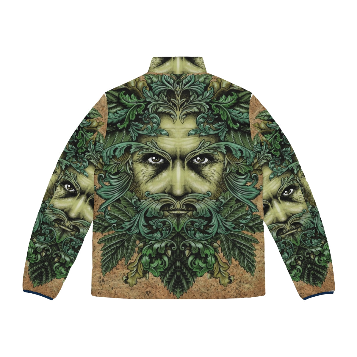 Green Man puffer jacket with ornate leaf and scroll design - Back