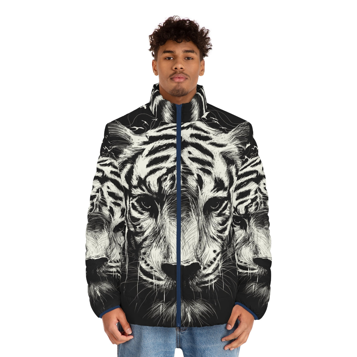 Interconnected puffer jacket with photorealistic wildlife and nature graphics - men front