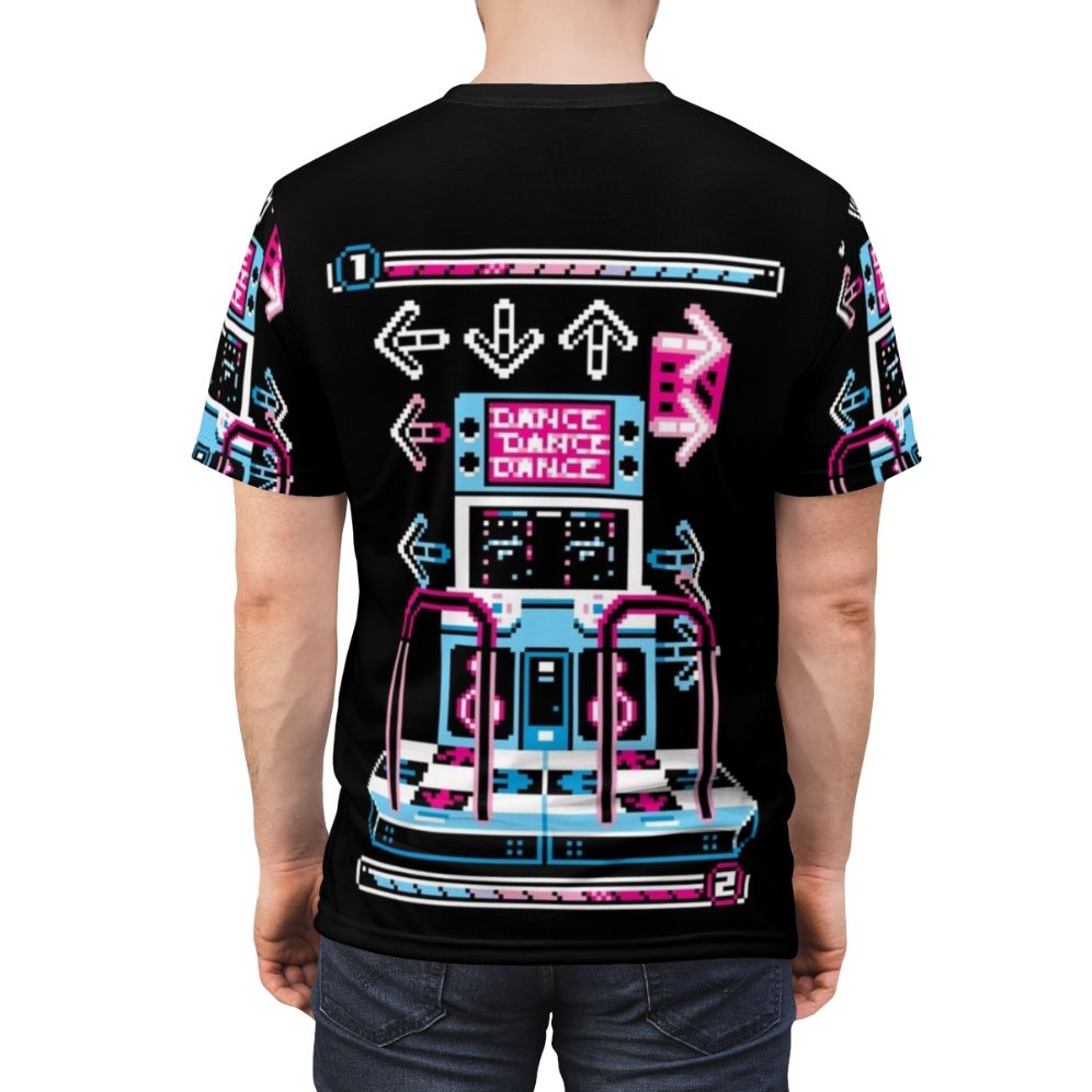 Retro dance arcade-style pixel art graphic on a t-shirt - men back