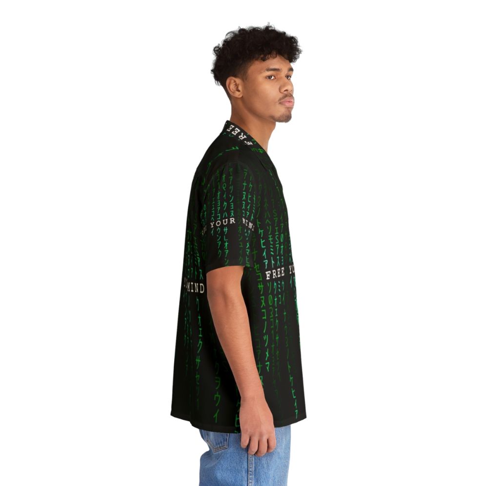 The Matrix "Free Your Mind" Hawaiian button-up shirt with digital rain pattern - People Pight