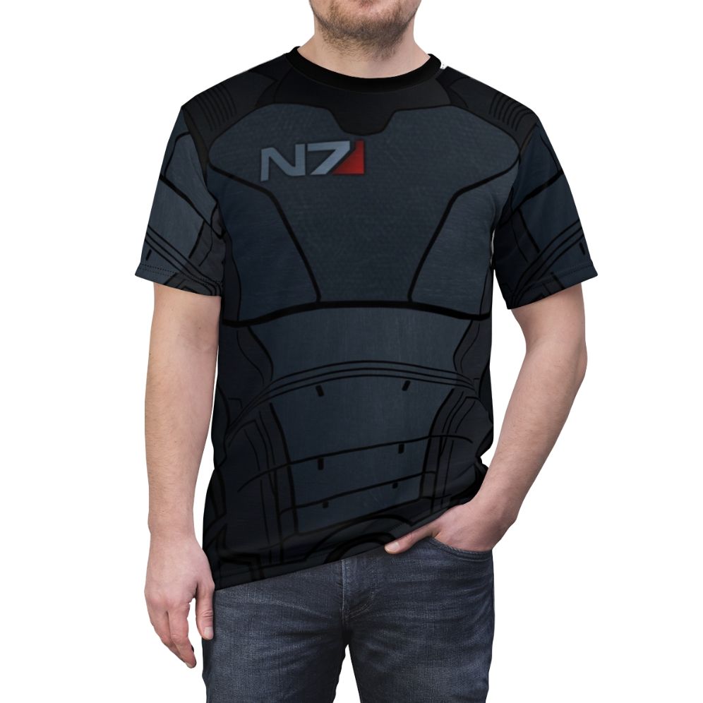 Futuristic Mass Effect inspired power armor t-shirt design featuring Commander Shepard's iconic N7 armor - men front