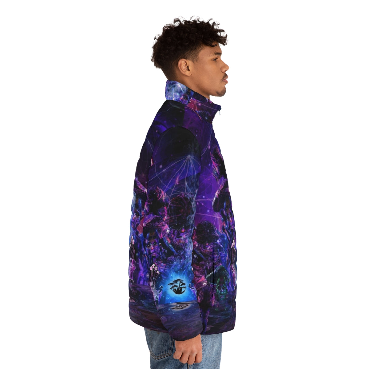 Colorful psychedelic fractal puffer jacket with mind-expanding visuals - men side right