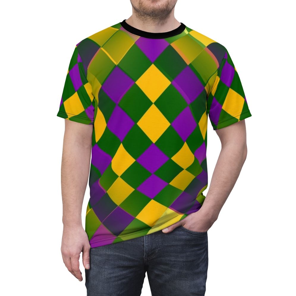 Harlequin-patterned Mardi Gras graphic t-shirt with diamonds, fleur-de-lis, and carnival colors - men front