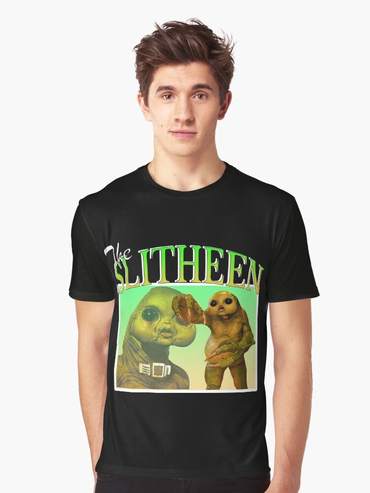 Slitheen graphic design on a black t-shirt, featuring a Doctor Who theme - Men