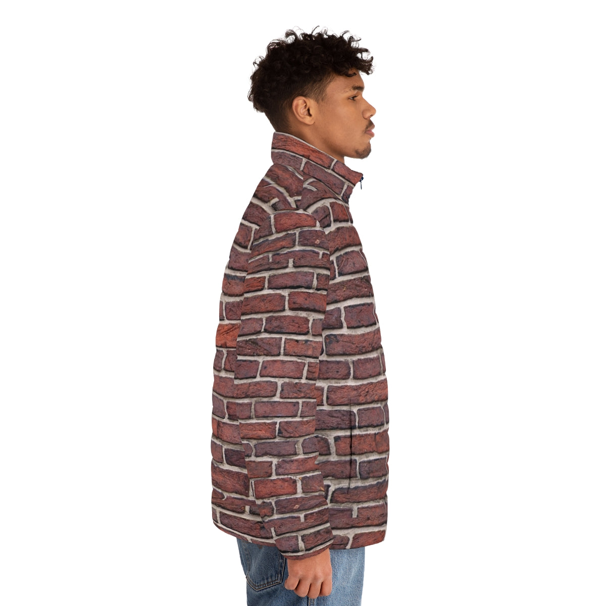 Brick Wall Puffer Jacket with Red Brick Wall Texture and Grunge Design - men side right