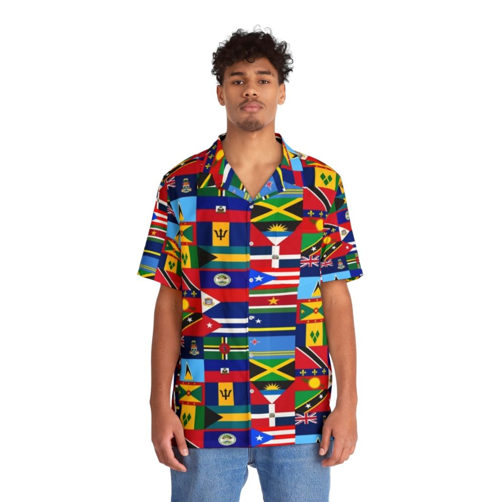 Caribbean flags printed on a tropical Hawaiian shirt - People Front