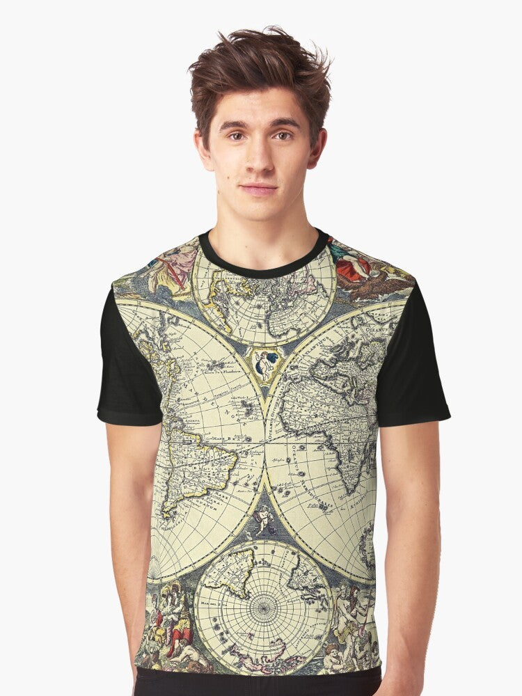 Vintage antique world map graphic t-shirt design featuring a rare manuscript-style illustration - Men