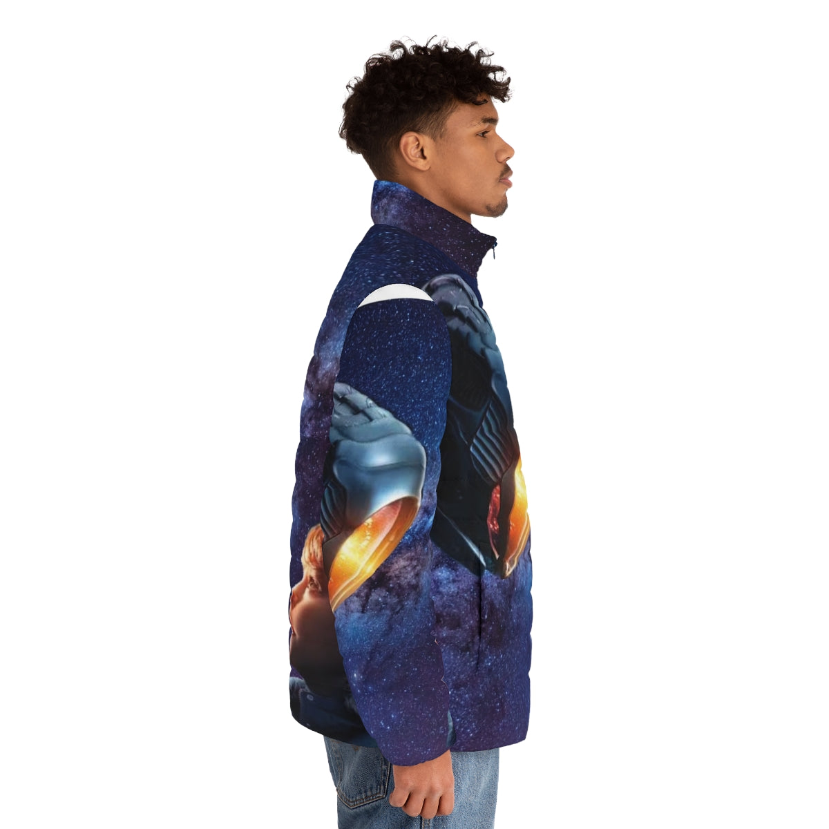 Stylish Lost in Space-themed puffer jacket for cozy sci-fi adventure - men side right