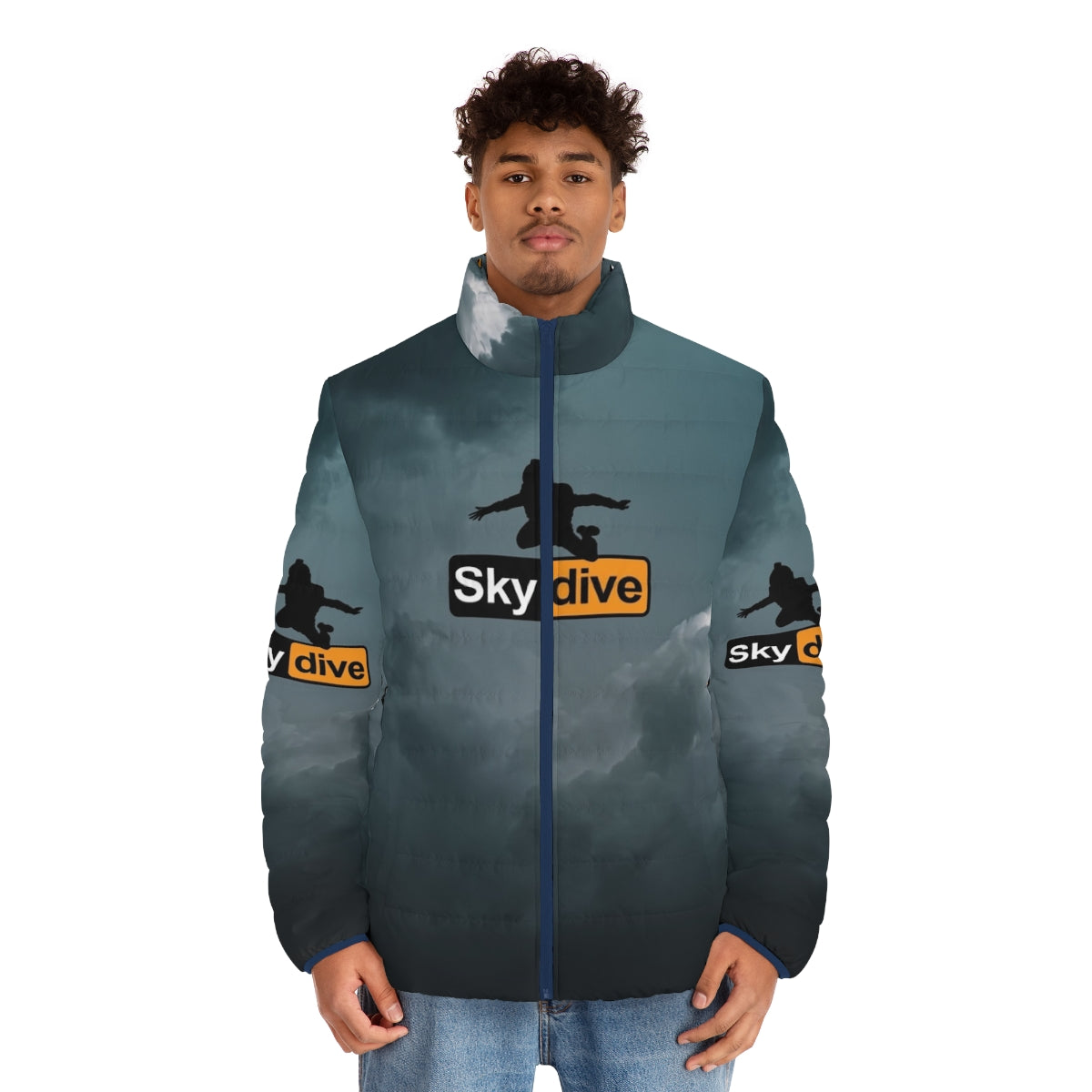 Skydiver in puffer jacket with skydiving logo design on cloudy background - men front