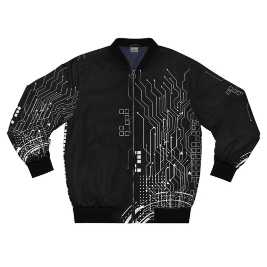 Wire mesh technology pattern bomber jacket with digital, electronic, and circuit board design