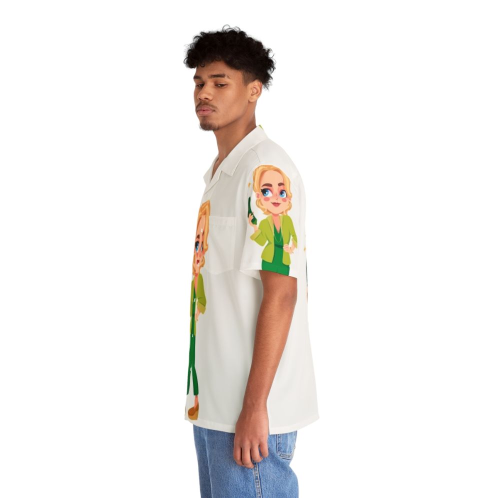 Jean Milburn from Sex Education Netflix wearing an oversized Hawaiian shirt with courgette and chibi graphics - People Left