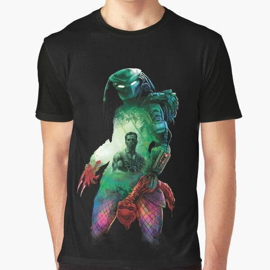 A graphic t-shirt featuring the Predator, a hunter from outer space, stalking its prey in the jungle.