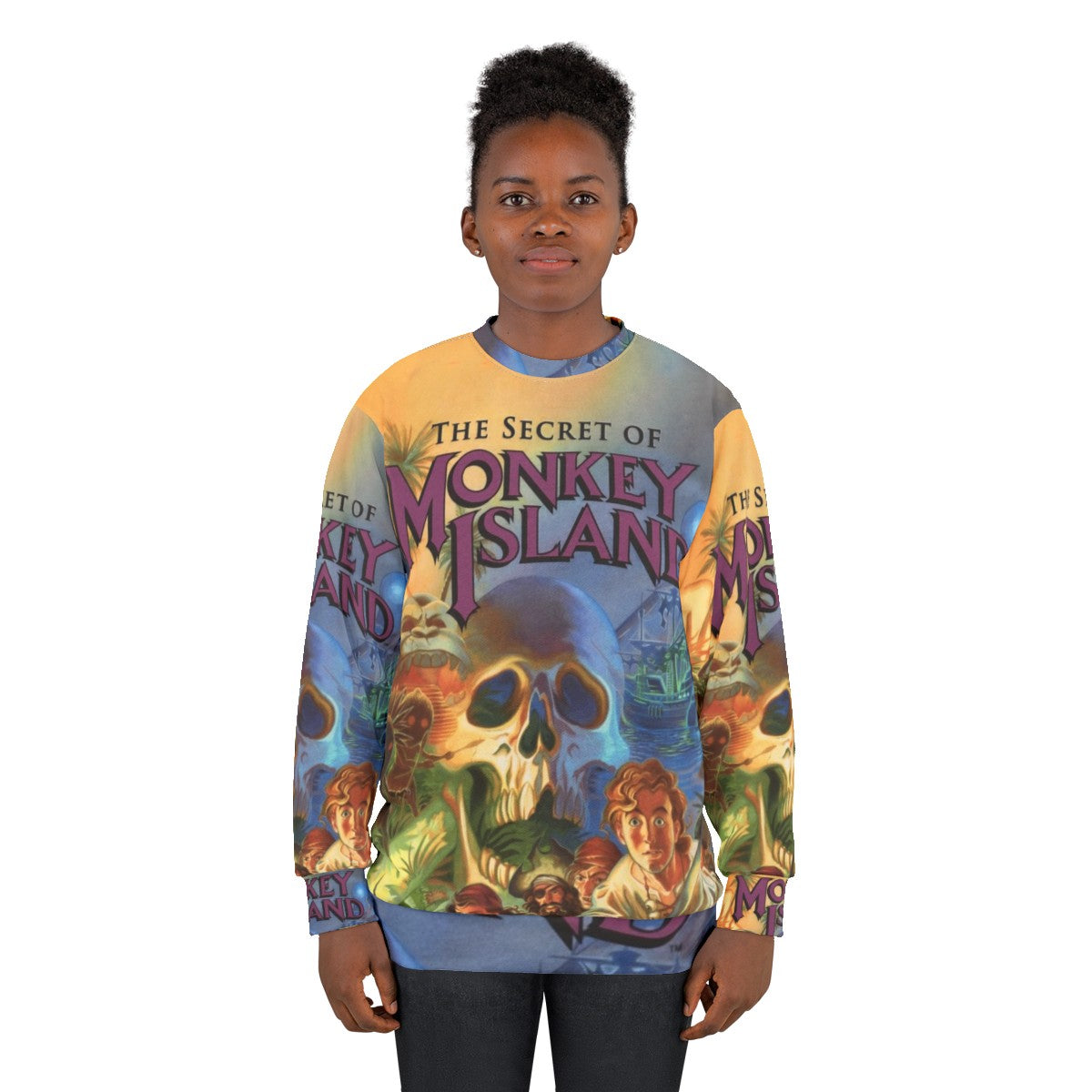 Retro Monkey Island Sweatshirt featuring Guybrush Threepwood and the iconic Three-Headed Monkey - women