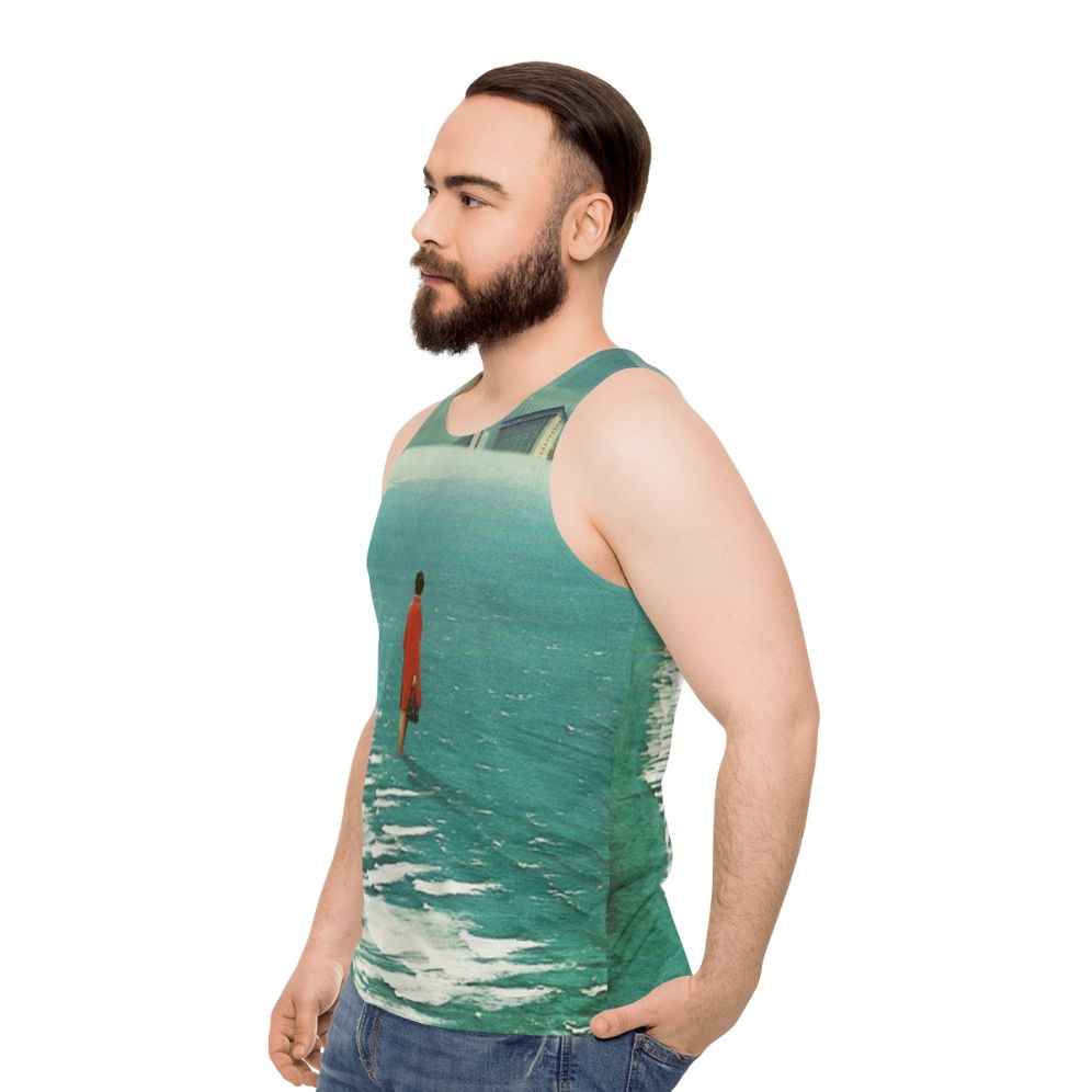 Unisex tank top with dystopian landscape and retro futuristic urban decay - men side