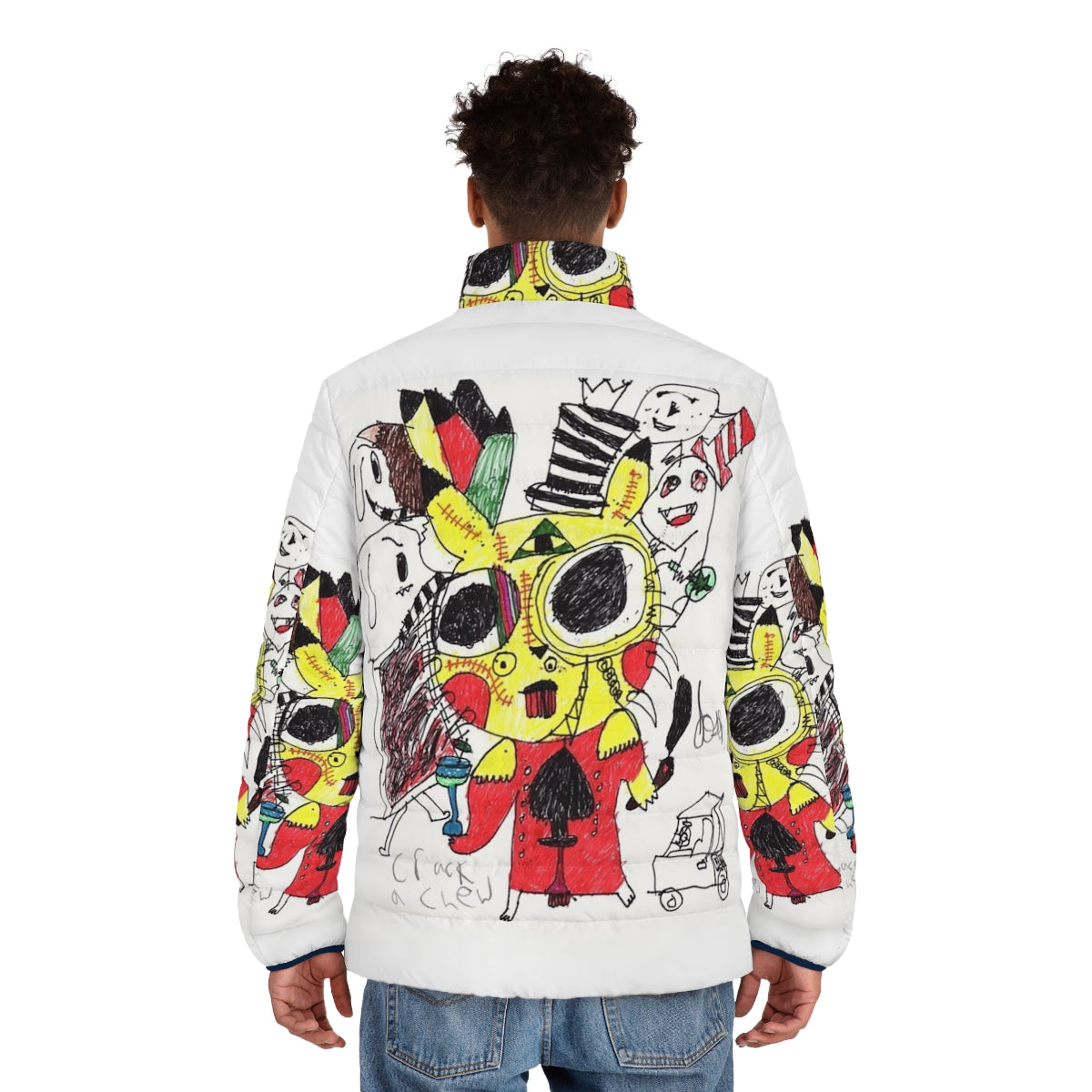 Colorful puffer jacket with psychedelic, funky design - men back