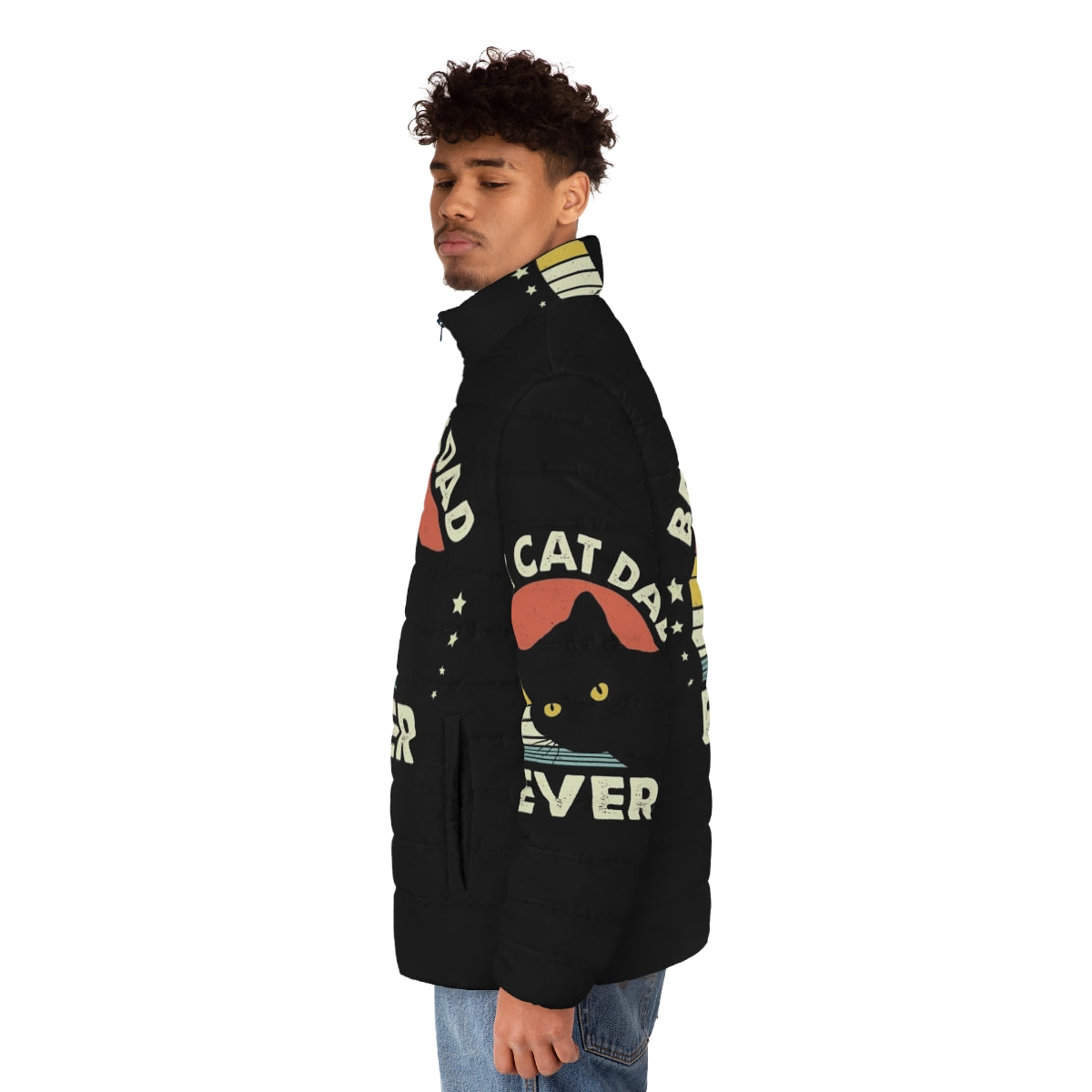 Vintage black cat puffer jacket with "Best Cat Dad Ever" design - men side left