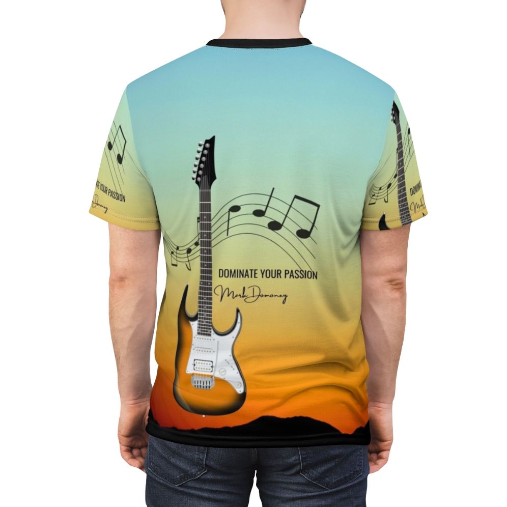 Artwork featuring a guitar dominator design, electric guitar, music notes - men back