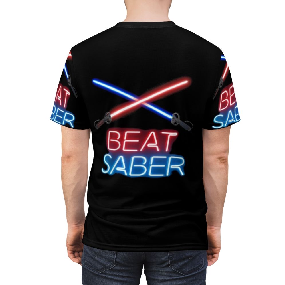 Vibrant Beat Saber-inspired T-Shirt featuring colorful blocks and sabers - men back