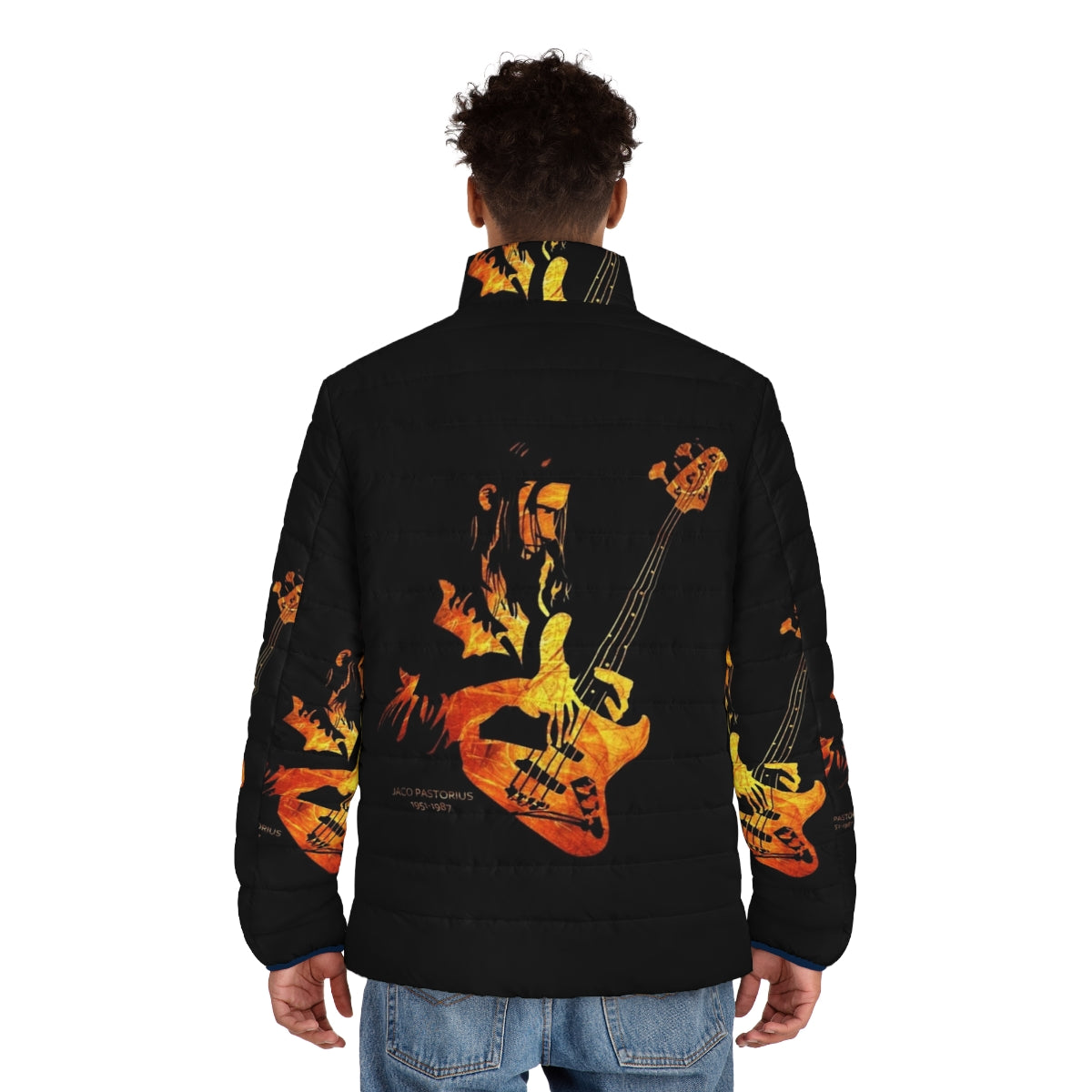 Jaco Pastorius Tribute Puffer Jacket featuring the iconic jazz bass legend - men back