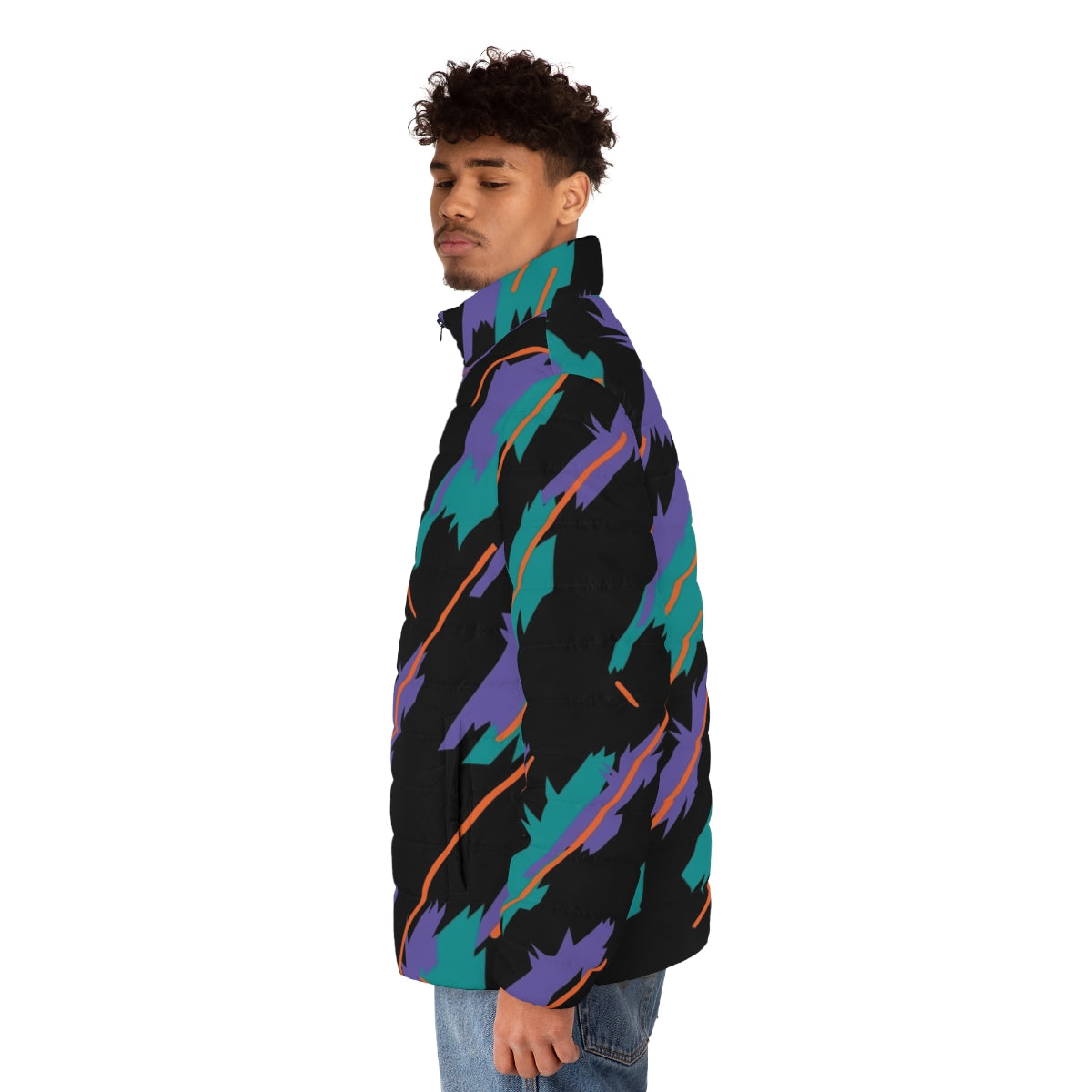 HKS Tribute Livery Pattern Puffer Jacket, featuring iconic JDM tuner car design - men side left