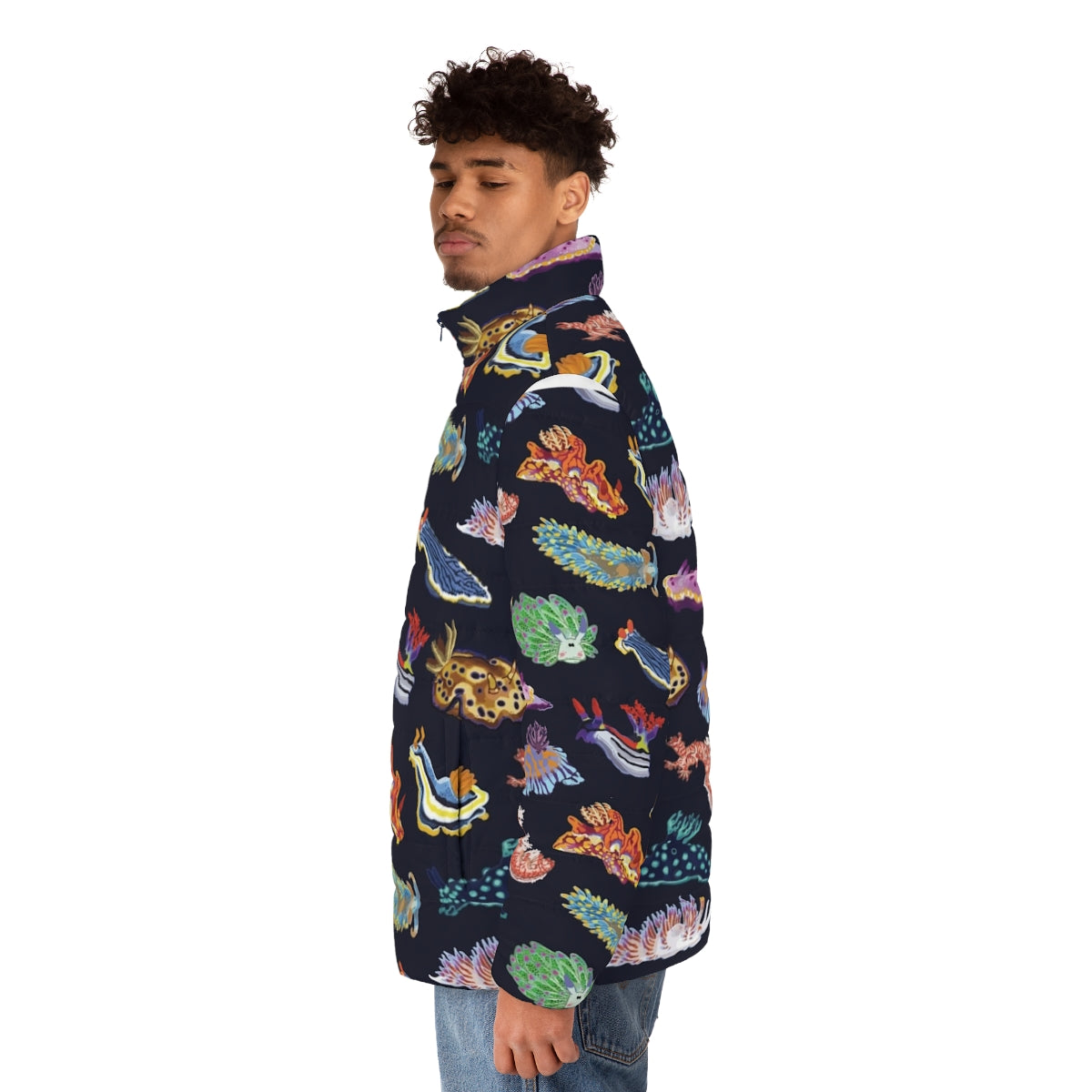 Nudie Cuties Puffer Jacket featuring colorful sea slug or nudibranch design - men side left