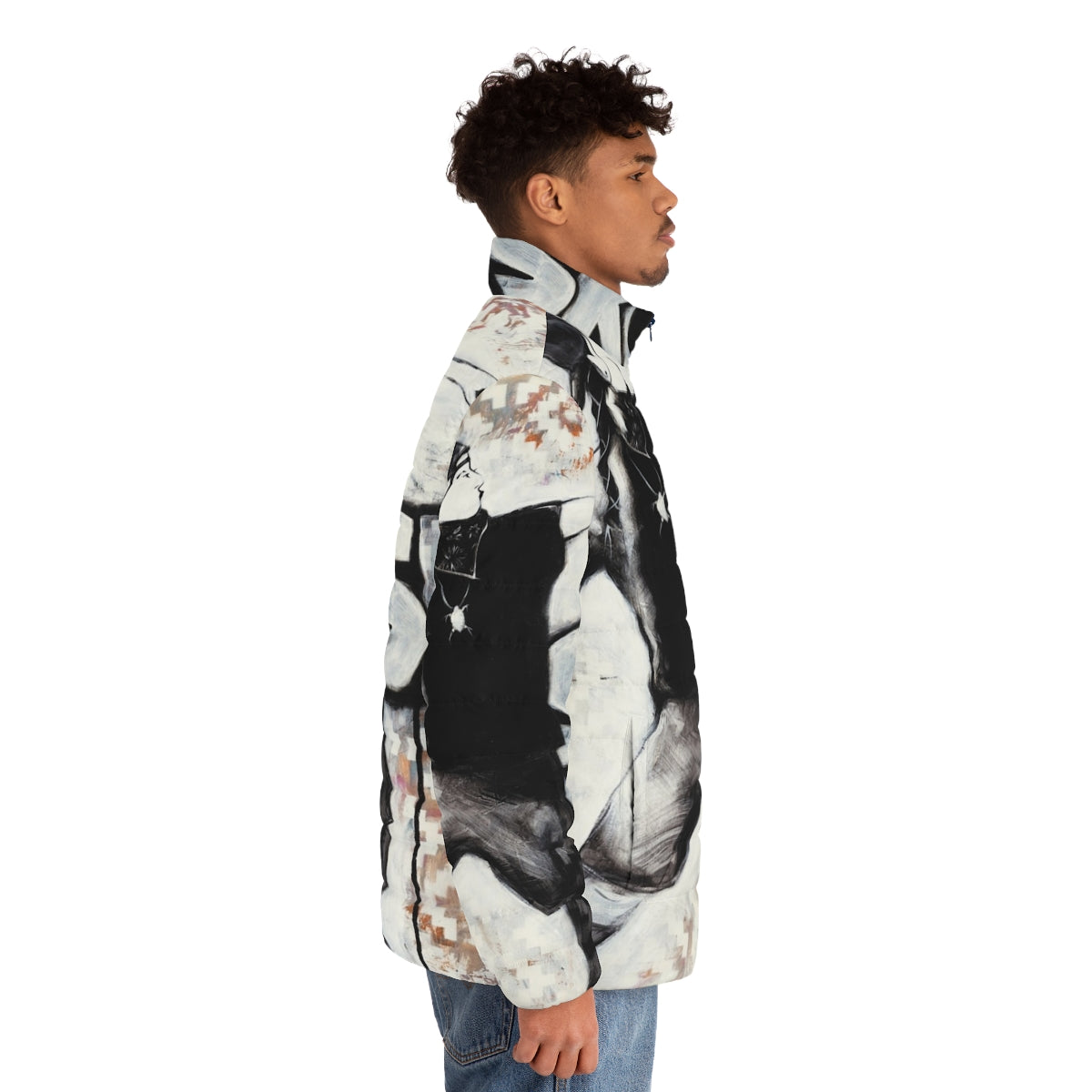 Skoden Puffer Jacket with Native American inspired Grafitti Design - men side right