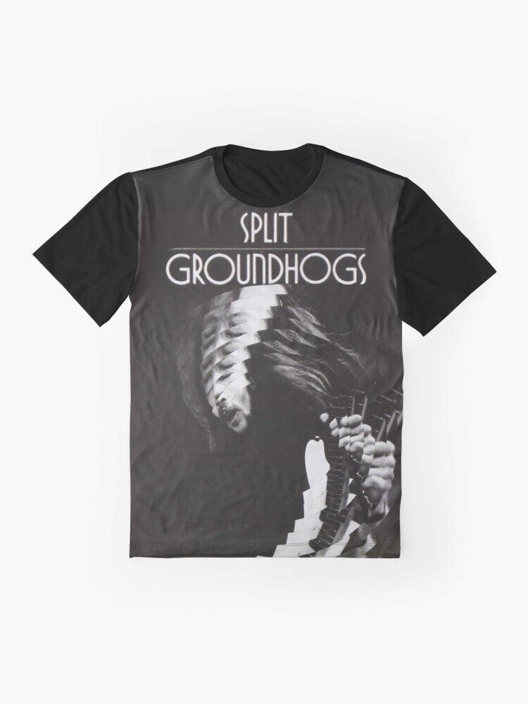 Vintage graphic t-shirt featuring the album cover of "Groundhogs - Split 1971" - Flat lay